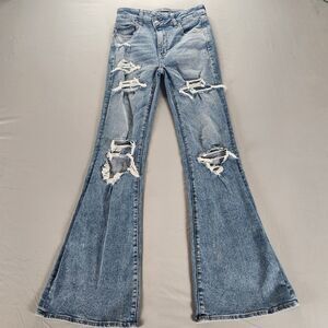 American Eagle Jeans Womens 4 Long Blue Denim Super Hi Rise Flare Boho Stretch